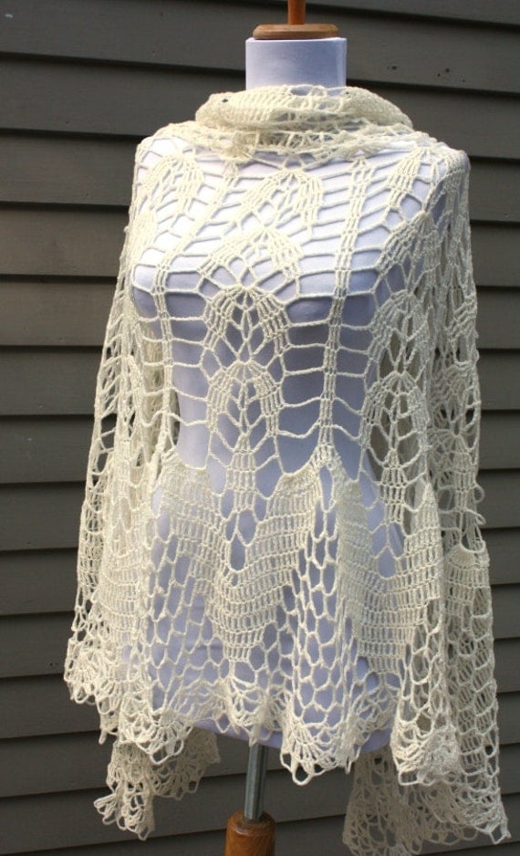Crochet Shawl natural off white color unique by AllKnittedLace