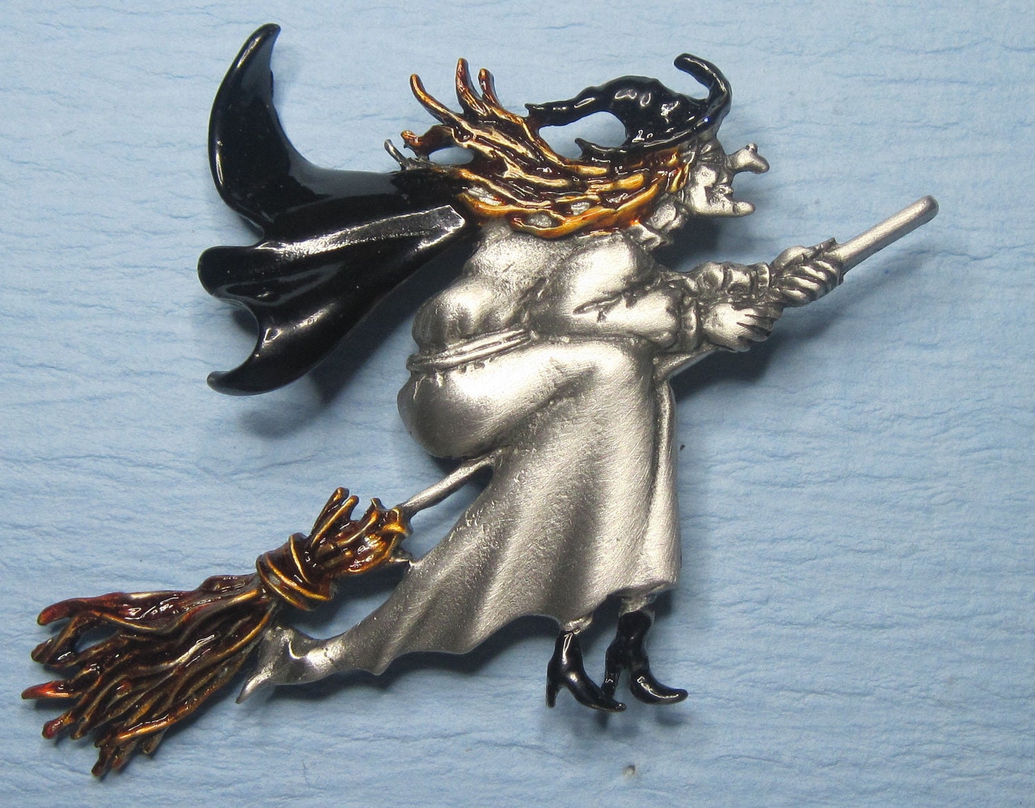 Witch Brooch Pewter And Enamel Halloween Witch On Broom