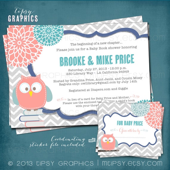 Stock the Library Baby Shower Invitation. Chevron Mum Baby Owl. Bring a Book. Coordinating DiY Book Plate Sticker Design Included. Printable Il_570xn