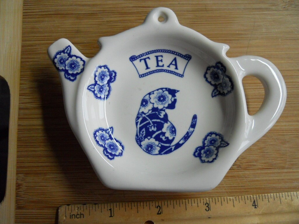 Vintage Tea Bag Holder Teapot Blue Cat Plate Crownford