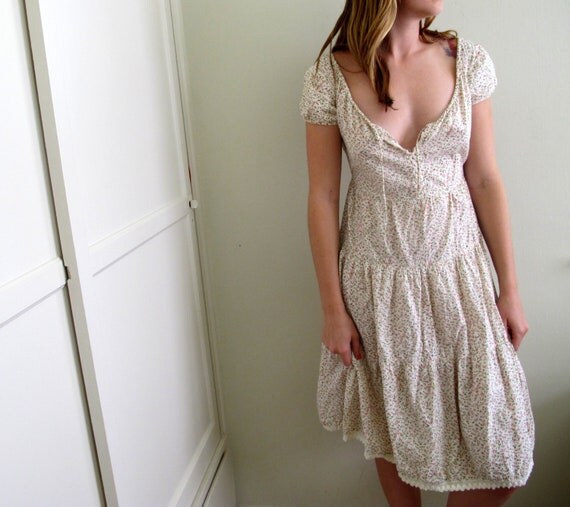 Vintage Floral Print Dress Babydoll White Peasant Prairie