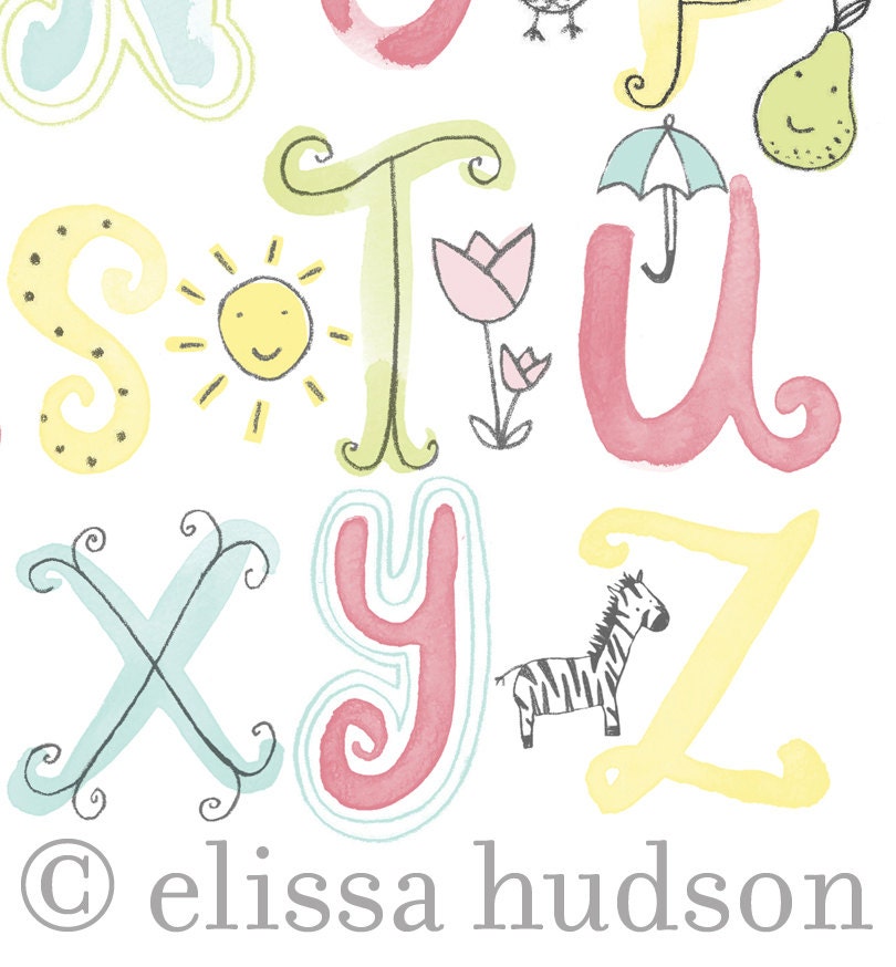 Watercolor Illustrated Alphabet Wall Art Print