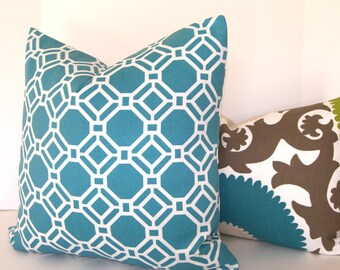 Both Sides - Decorative Pillow Cover - Geometric - 18x18 inches - Teal - White - Indoor - Outdoor