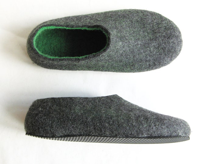 Mens Felted Slippers Green Black Tea, Wool House Shoes, Color Blocking, 6 Colors Rubber Soles, Outdoors TR soles, Mens Gifts Holidays