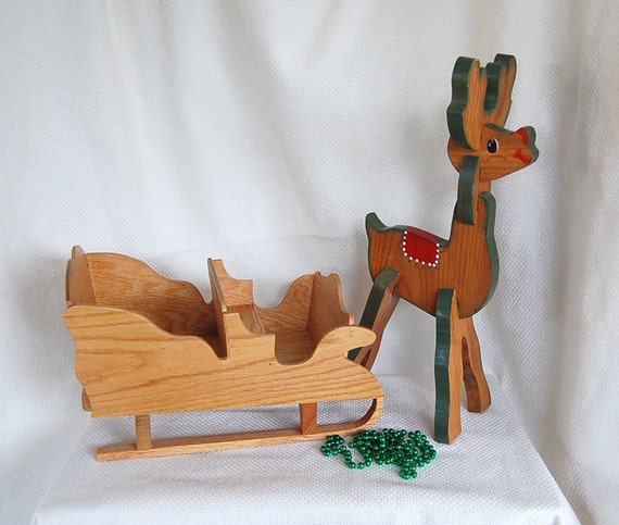 Vintage Wood Sleigh And Red Nosed Reindeer Wooden Christmas