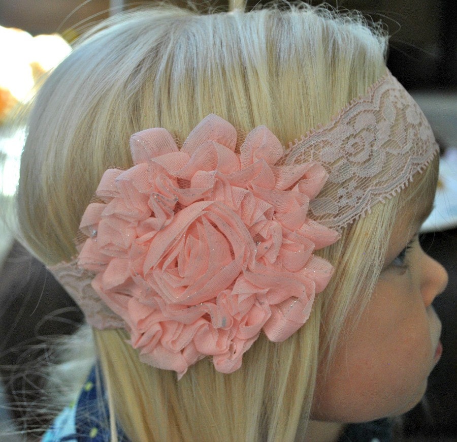 Lace Baby Headband Peach Lace Headband Chiffon Flower on
