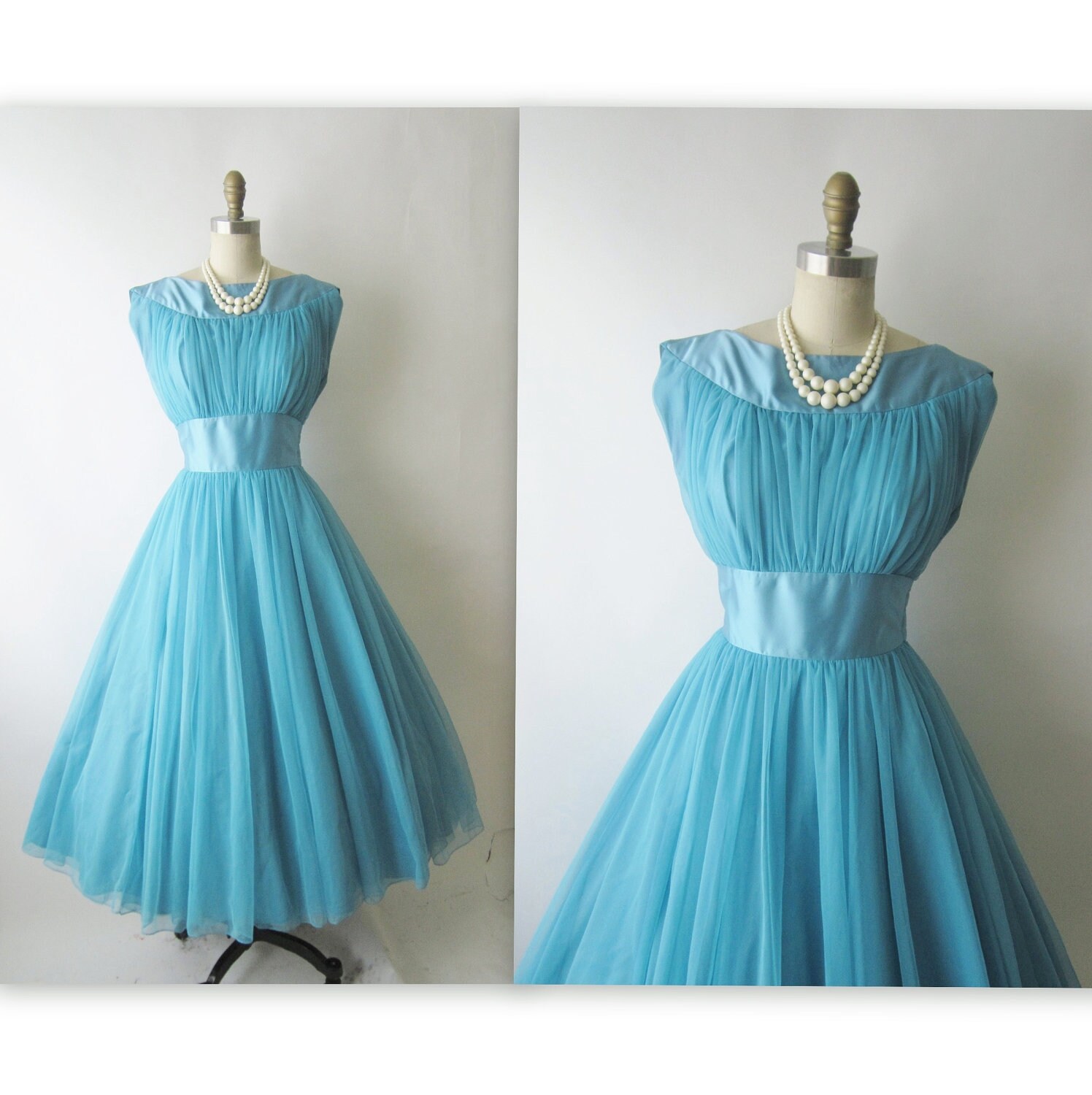 50's Chiffon Dress // Vintage 1950's Blue Chiffon