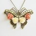 Butterfly pendant necklace, jewelry, peach, romantic, large, vintage style