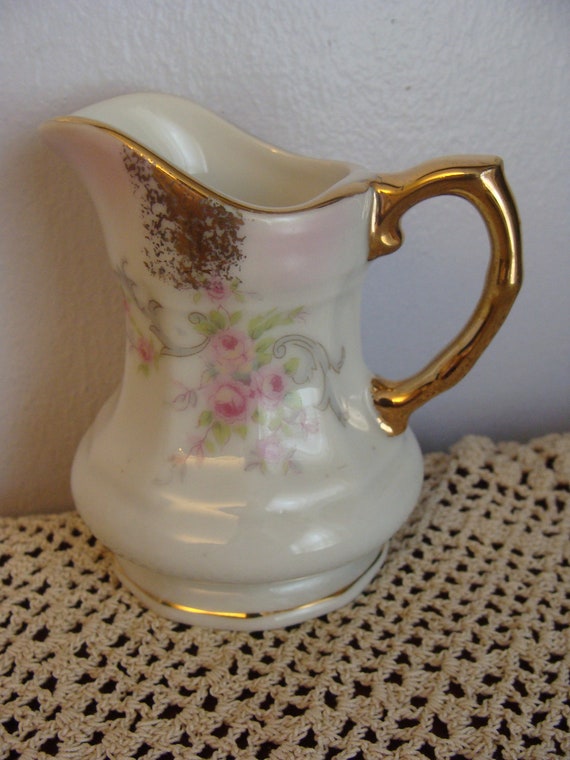 Lefton China Creamer Cream Pitcher 1937 Pink Roses and gold