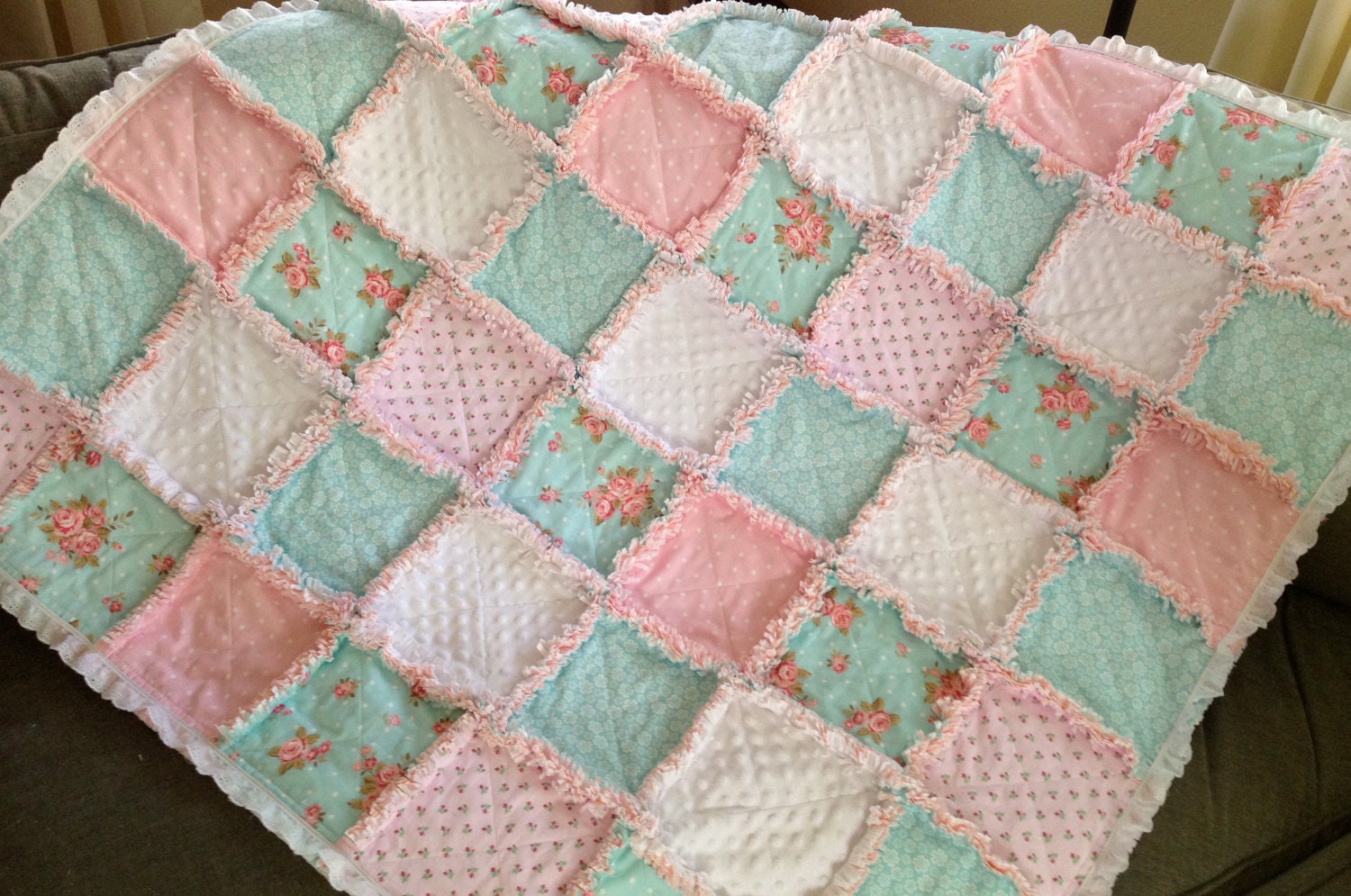 shabby chic rose and white polka dots aqua blue rag quilt shabby chic rose and white polka dots aqua blue rag quilt