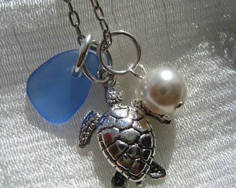 Sea Turtle and Sea Glass Necklace. Beach Wedding. Cornflower Blue Sea Glass