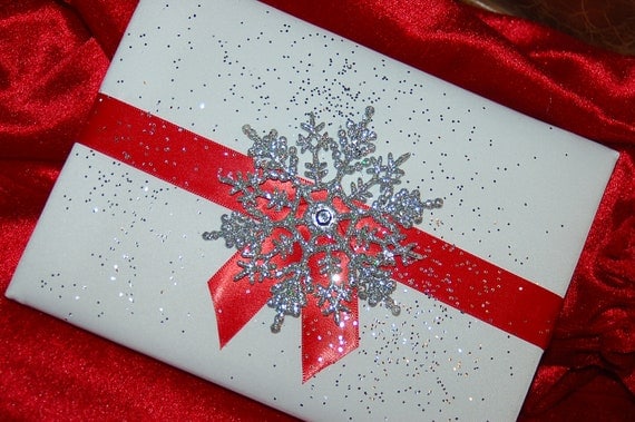 Glistening Snowflake White Satin Fabric Covered Guest Book with Red Accent Colored Ribbon