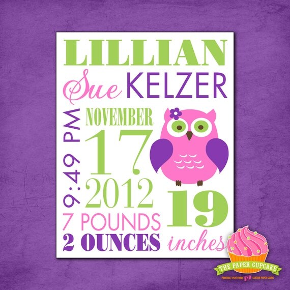 Custom Birth Announcement - Girly Owl Theme - Birth Stats Wall Art Print - 11" x 14" Il_570xn