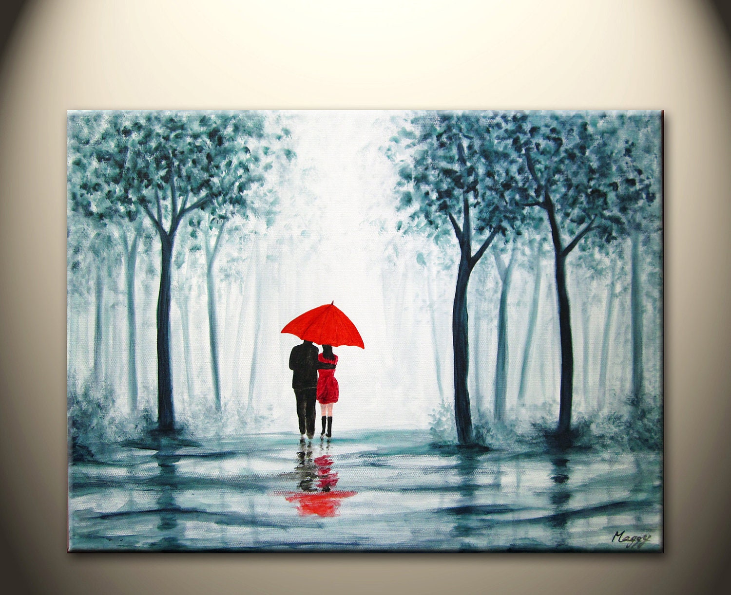 original abstract painting walking in rain blue white