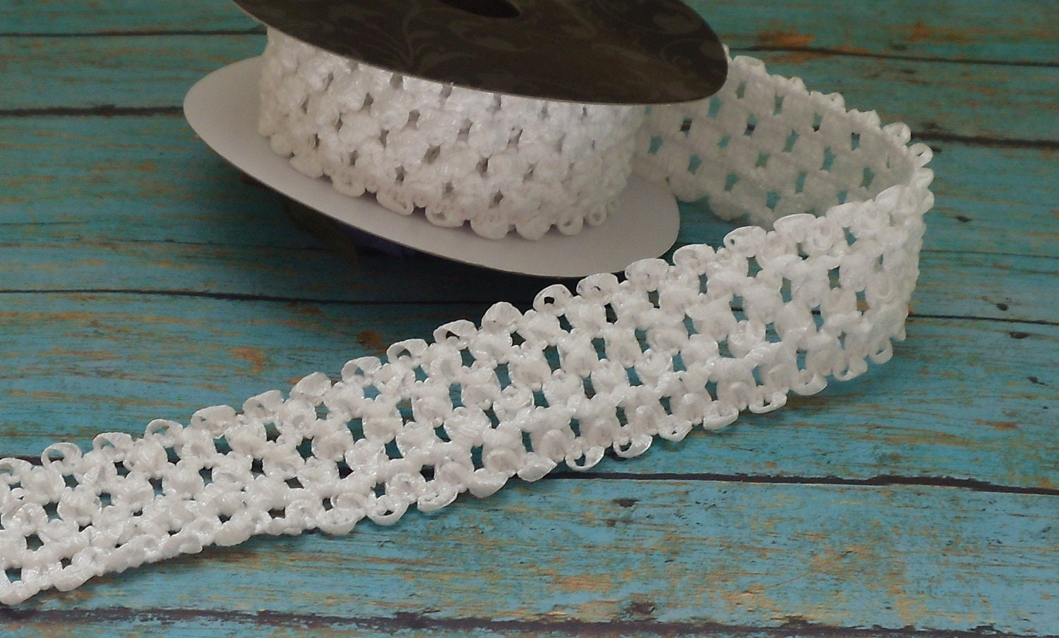 WHITE ELASTIC Waffle Crochet Ribbon 2 Yards X 1.5 Inches