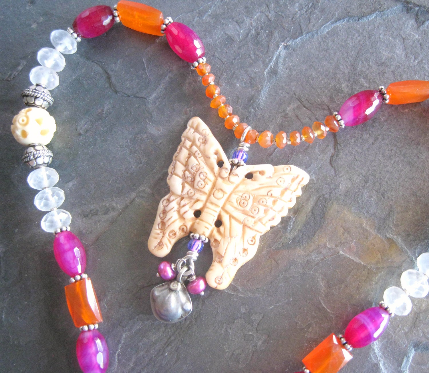 SALE Carved Bone Butterfly Pendant Bohemian Necklace