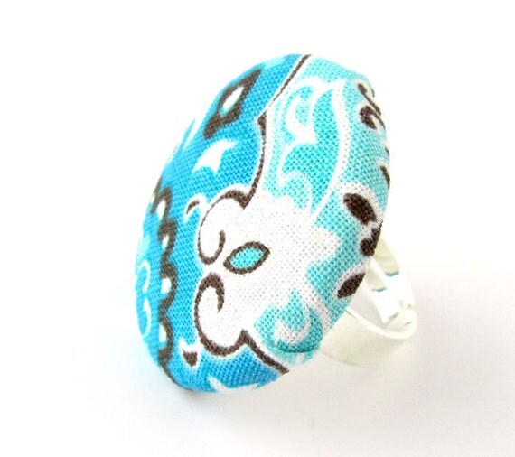 Large blue ring turquoise white black winter swirls by KooKooCraft