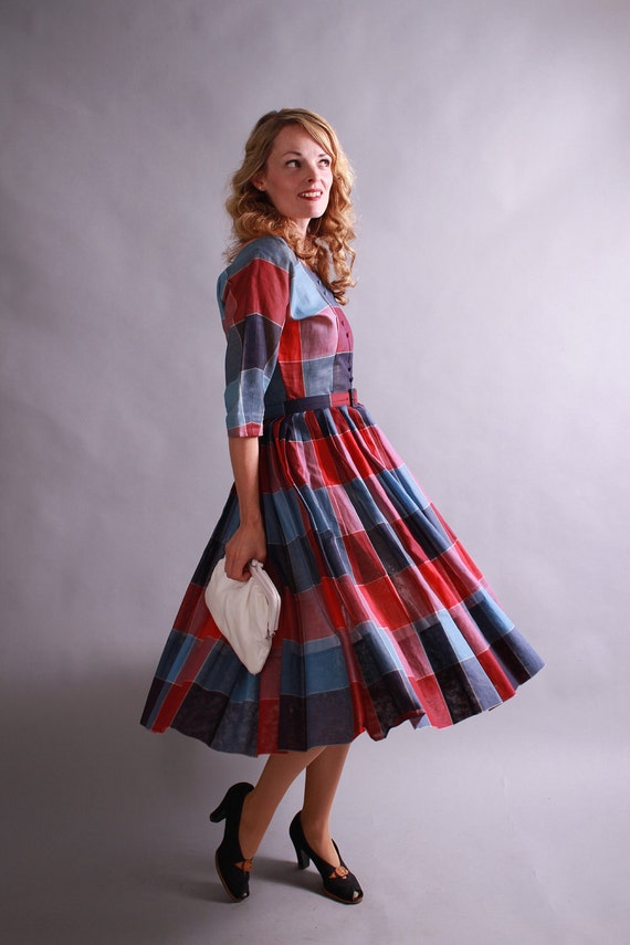 1950s red white and blue plaid dress never by CamilliaHeirloom