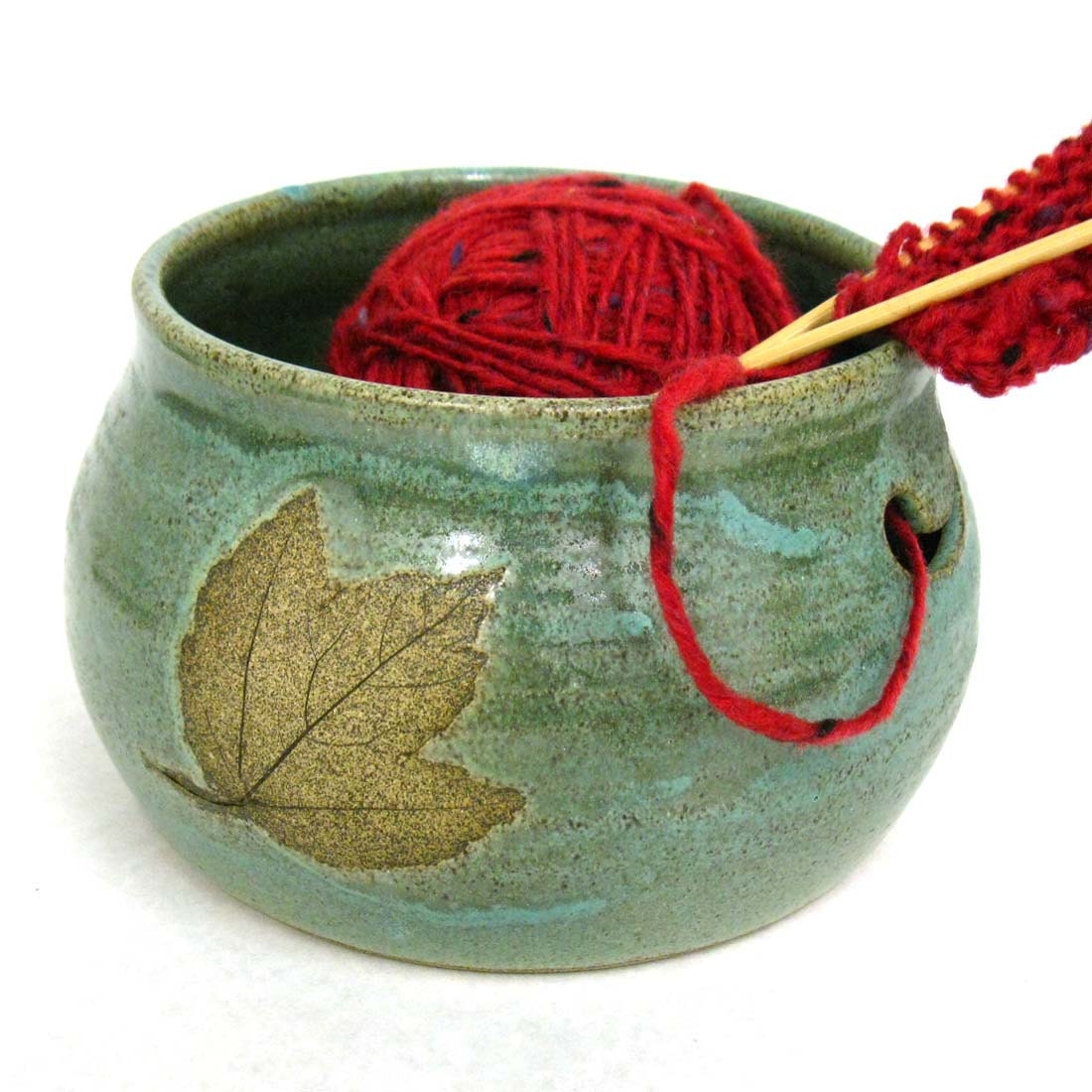 Stoneware Pottery Yarn Bowl with Maple Leaves Made to Order