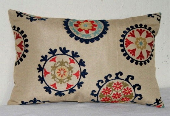 1 Suzani Navy Blue Beige Lumbar Pillow Cover 12x18 by PatsTable