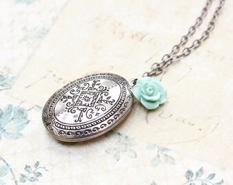 Oval Locket Necklace Antique Silver Aqua Blue Rose Charm Pendant Vintage Style Photo Locket Keepsake Jewellery Mementos Secret Hiding Place