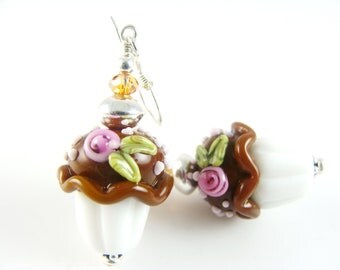 Cupcake Lampwork Earrings, Glass Bead Earrings, Unique Chocolate Earrings, White Beadwork Earrings, Brown Lampwork Jewelry