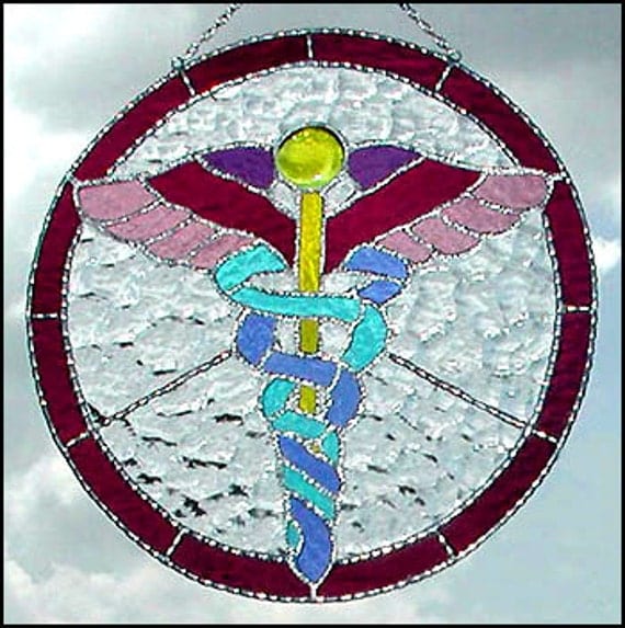 Stained Glass Sun Catcher Caduceus Medical Symbol