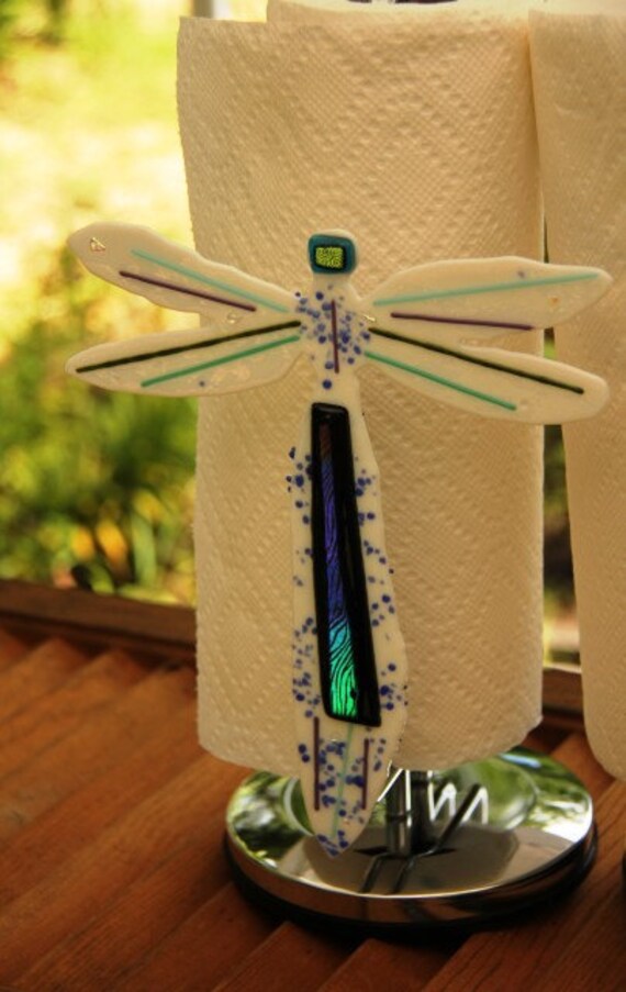 Items similar to Fused Glass Dragonfly paper towel holder Fused glass