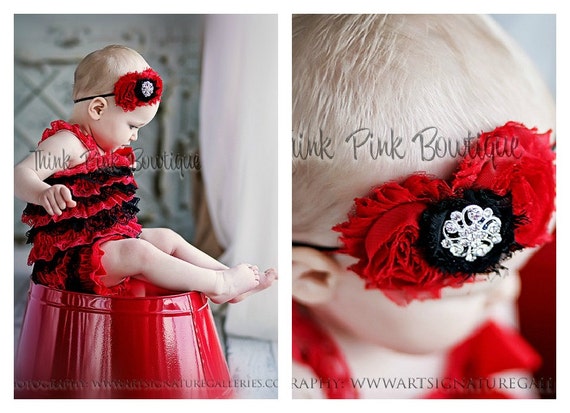 Lady Bug petti lace romper and headband SET, petti romper,baby headband, flower headband,vintage inspired headband and lace petti romper by ThinkPinkBows