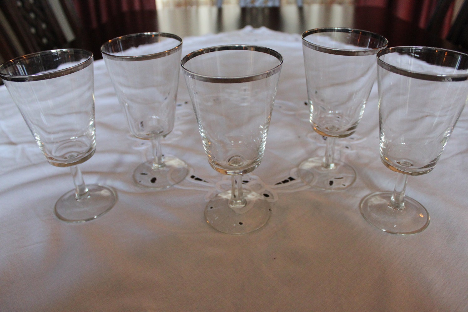 Vintage Stemmed Wine Glasses Silver Platinum Trim by trinkets818