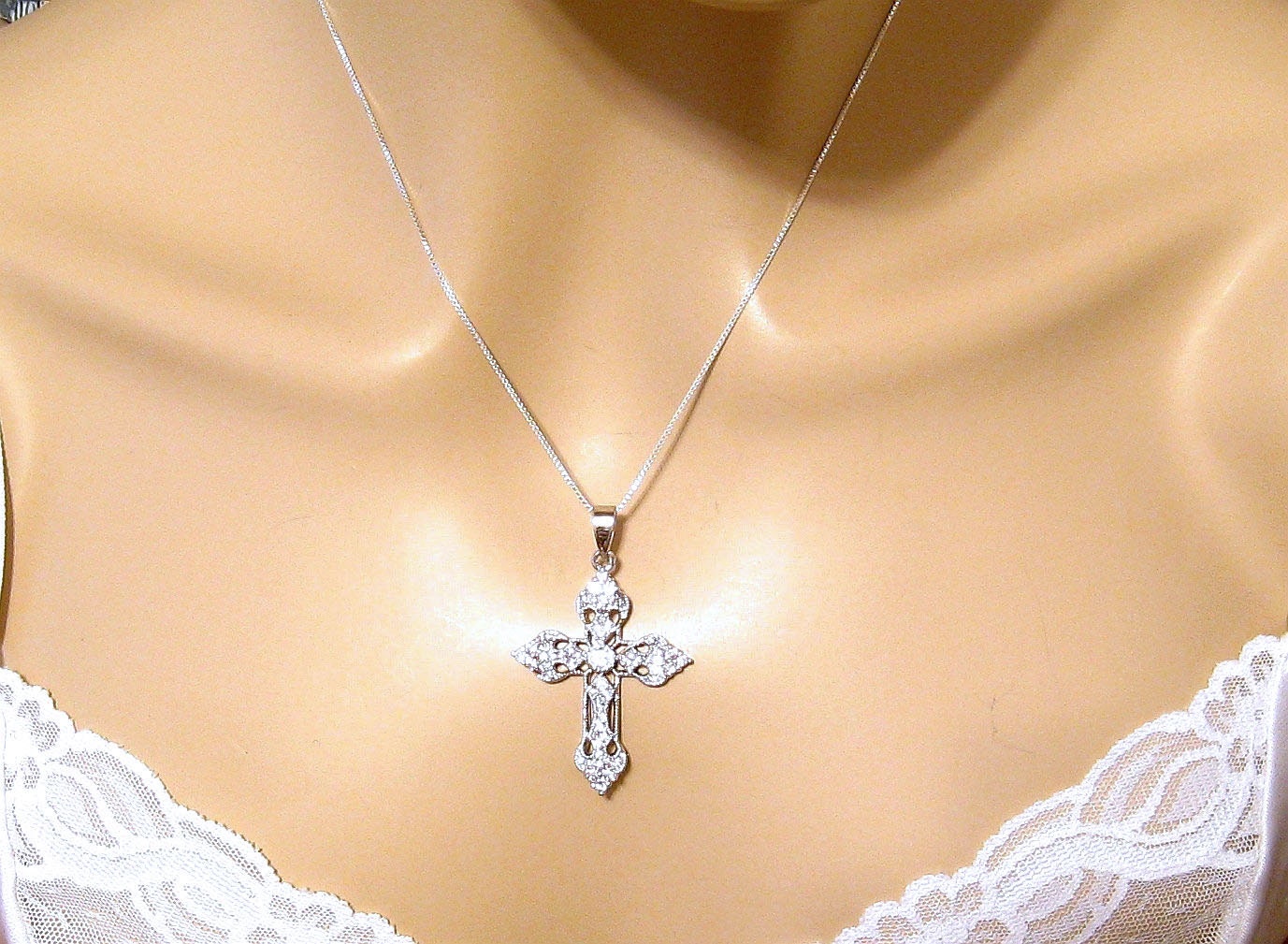 Long Sterling Silver Cross Necklace With Cubic Zirconia 6186