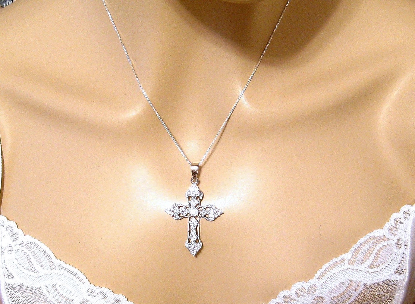 Long Sterling Silver Cross Necklace With Cubic Zirconia 4910