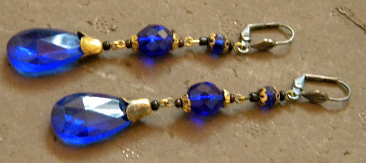 SALE Cobalt Blue Art Deco Czech Cut Glass Earrings Haute Juice