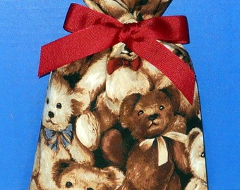 Teddy Bear Small Fabric Gift Bag - Children s Toy, Stuffed Animal, Brown, Tan, Beige, Red, Blue, All Occasion