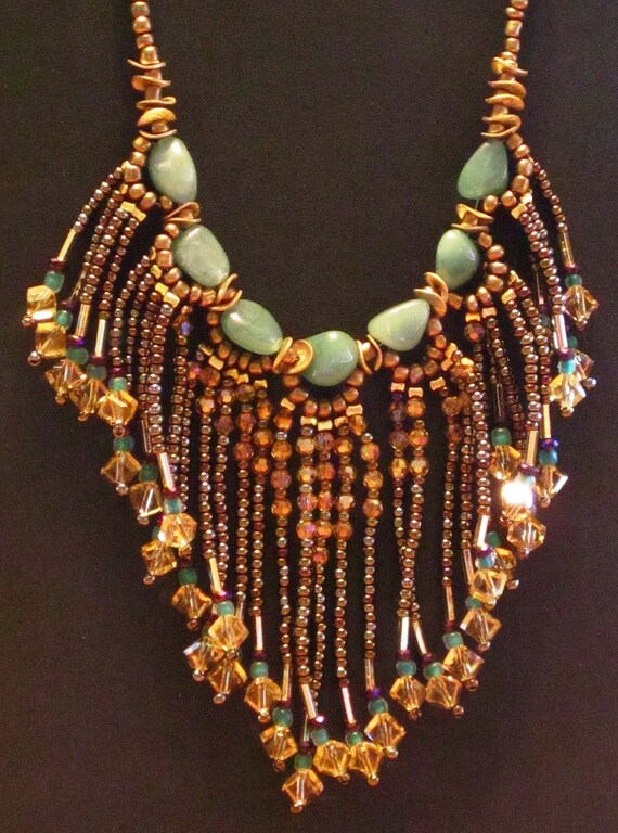 Native American style tribal fringed collar necklace in green