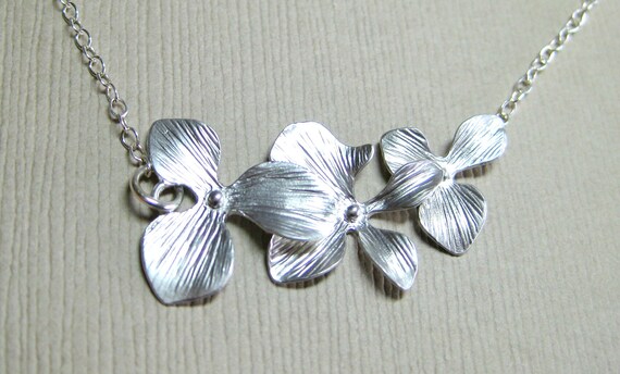 Silver flower necklace Orchid cascade necklace by JewelrybyDorothy