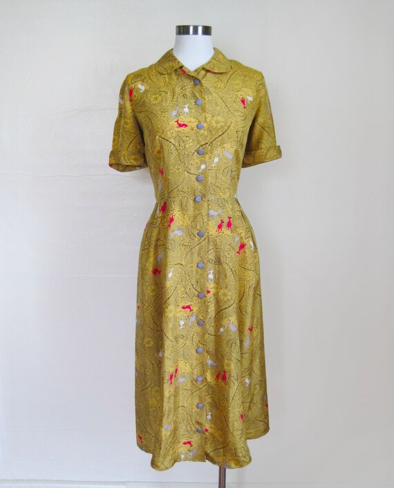 1940s Dress / Mustard Silk Novelty Print / Deer in the Forest
