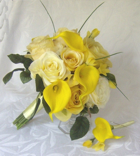 Yellow rose wedding calla lily wedding bouquet real touch