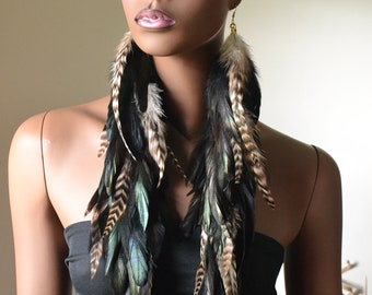 Very Long Grizzly and Black Feather Earrings