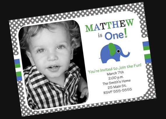 Boys 1st Birthday Invitation with Photo Elephant Il_570xn
