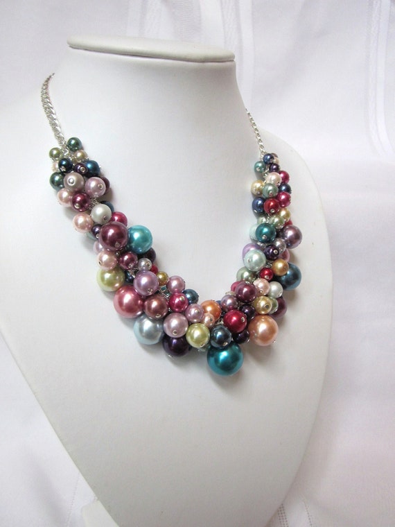 Pearl Cluster Necklace in Bright Rainbow Colored Pearls