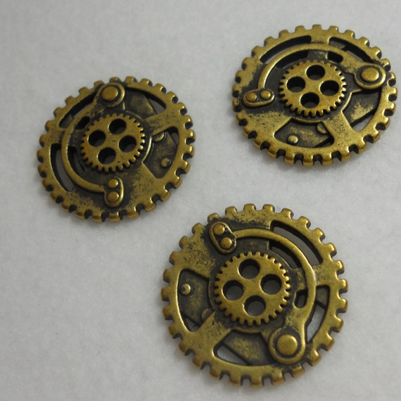 Steampunk Buttons Metal Antique Brass Gears 3 PC by FrauCrafty