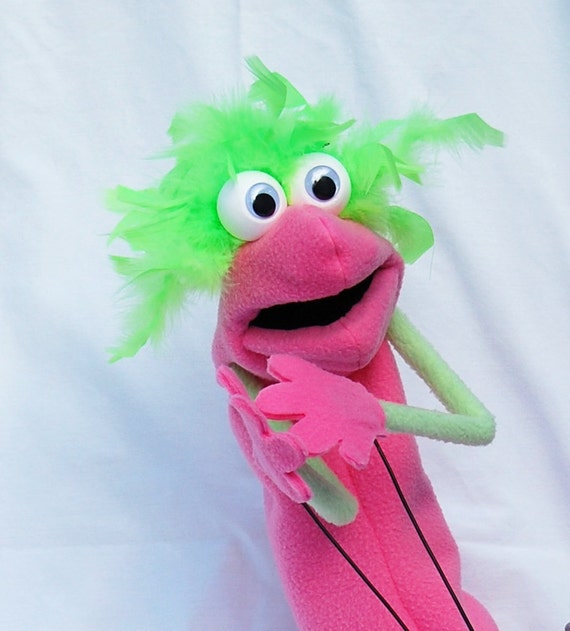 Pink and Lime Green Hand Puppet with Rod Arms by OnHandByHand