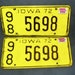 Car License, 1972 Matched Pair, Iowa, Worth County, Iowa Hawkeye Colors
