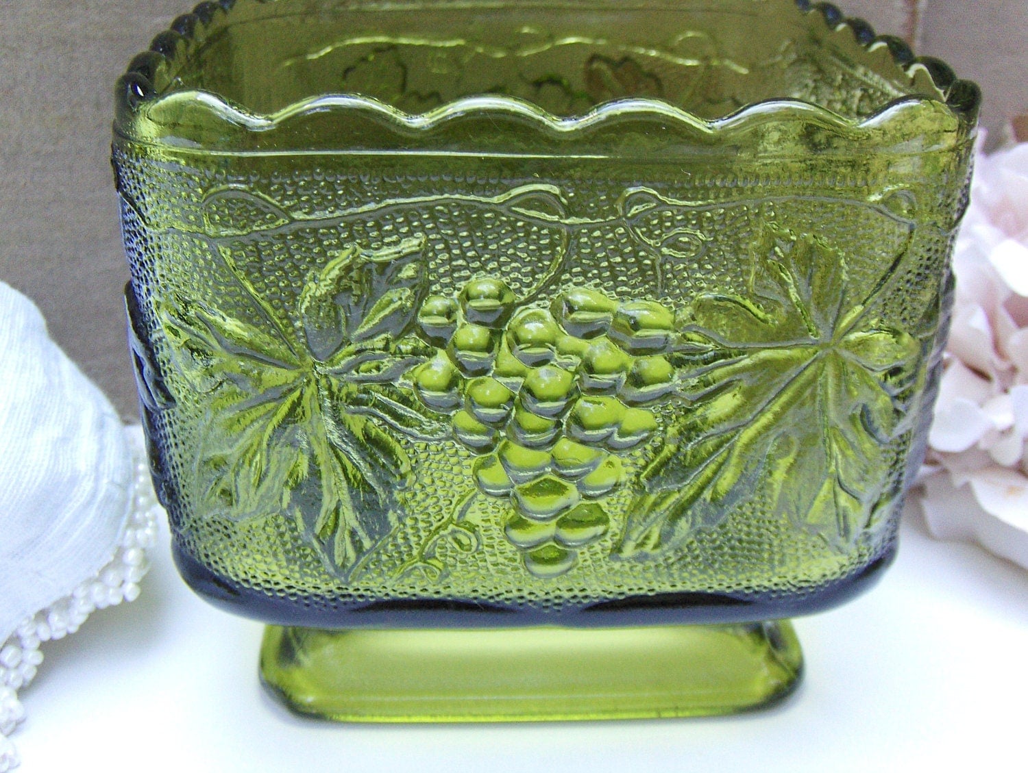 Antique Green Glass Bowl Footed Square Grapevine Pattern