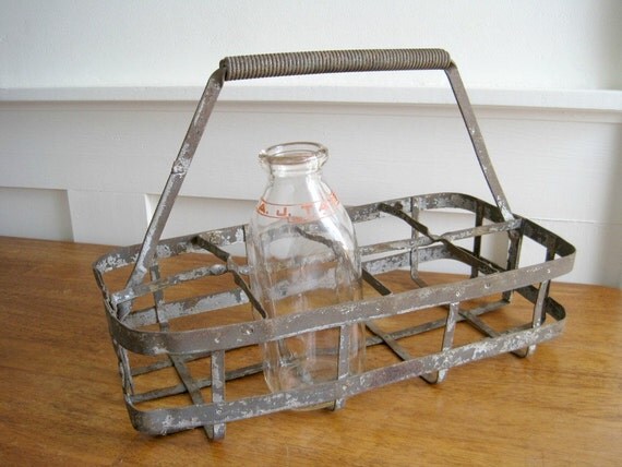 Vintage Metal Milk Bottle Carrier Tote by GoldenDaysAntiques