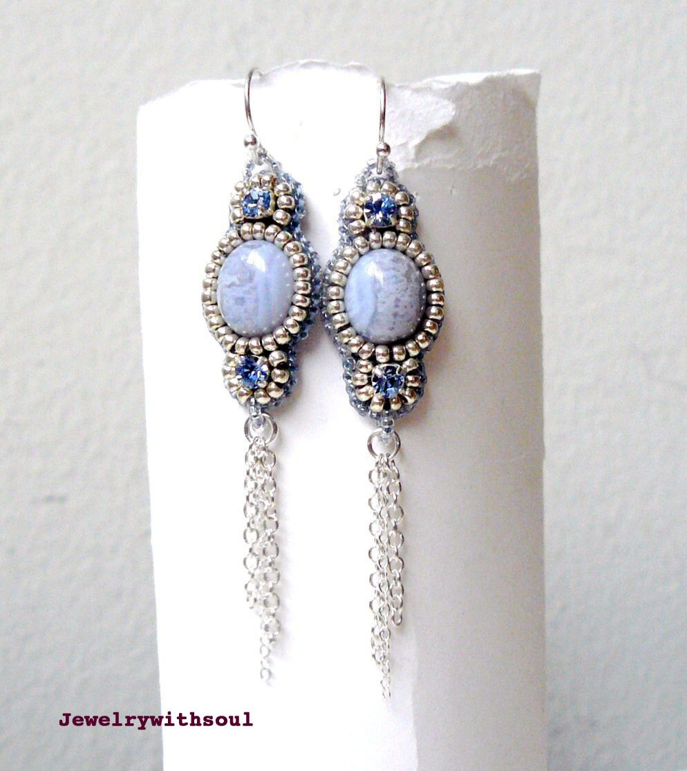 Bead embroidery earrings with blue lace agate cabochons and