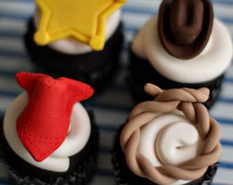 Cowboy Fondant Hat, Lasso, Bandana, and Sheriff Badge Toppers for Cupcakes, Cookies or other Treats