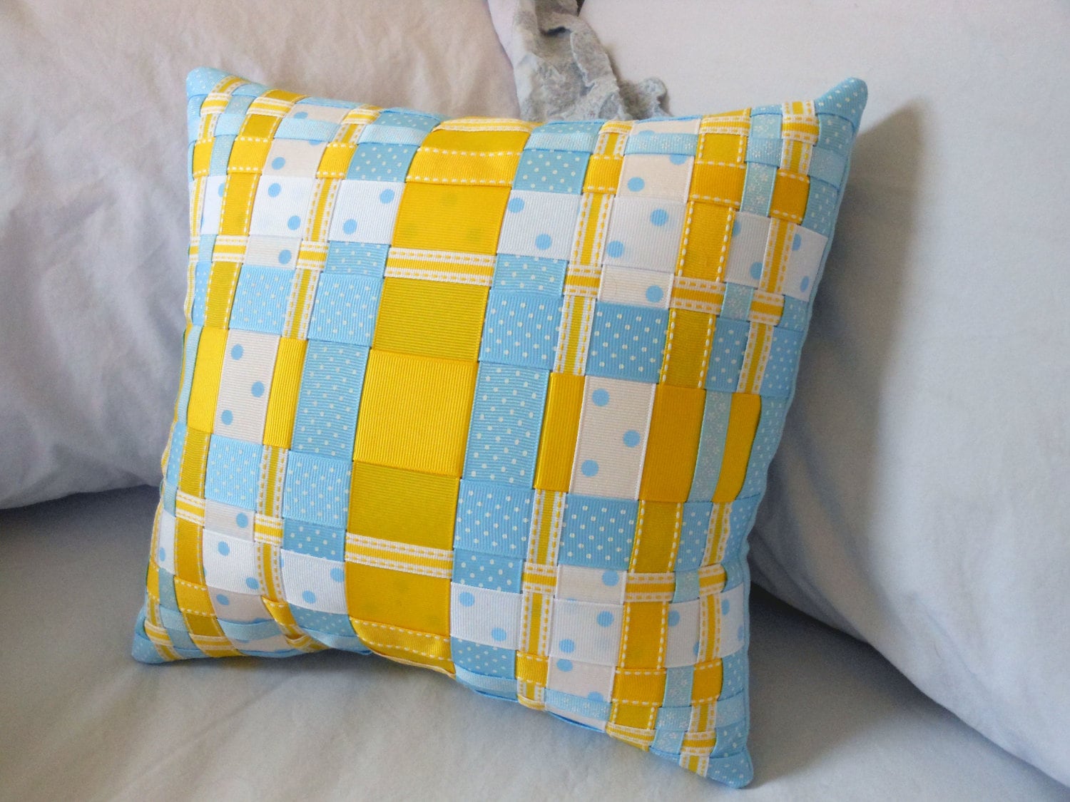 Download Blue and Yellow Decorative Woven Ribbon Pillow Grosgrain