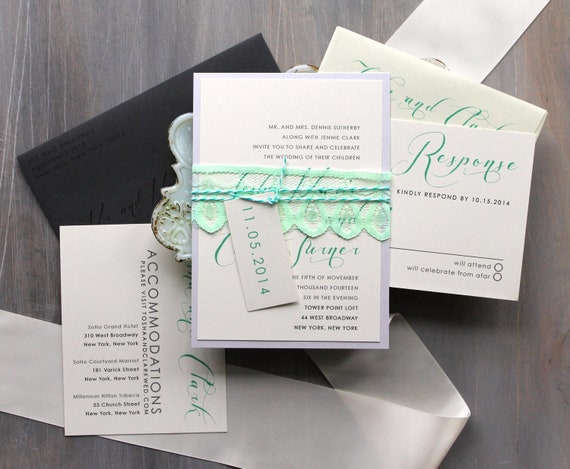 Elegant Lace Wedding Invitations, Modern Script Wedding Invitations, Mint Green and Gray Wedding Invitations - "Mint Script" Deposit